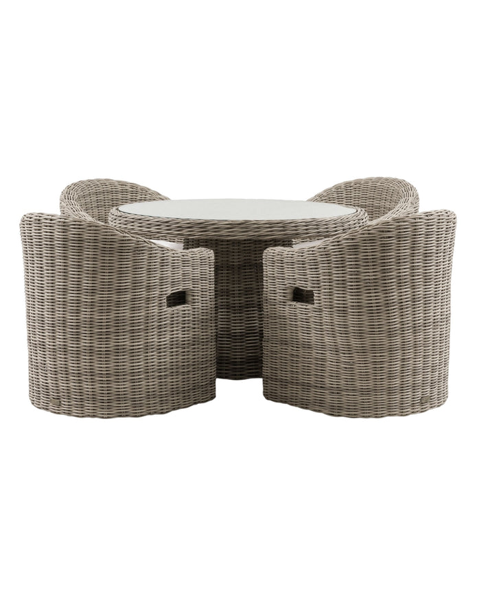 Rattan Ragusa outdoor dining table with four matching chairs, garden furniture set by Gallery Direct, suitable for patio dining.