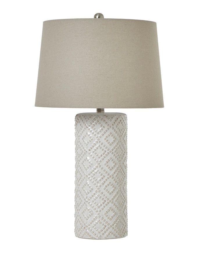 Tall white beaded ceramic lamp for lighting by Hill Interiors, featuring a sleek design with intricate bead detailing.