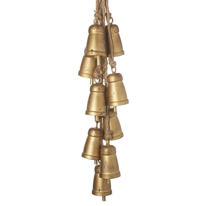 Gold Metal Jingle Bells Garland, full view of the hanging gold bell garland on white