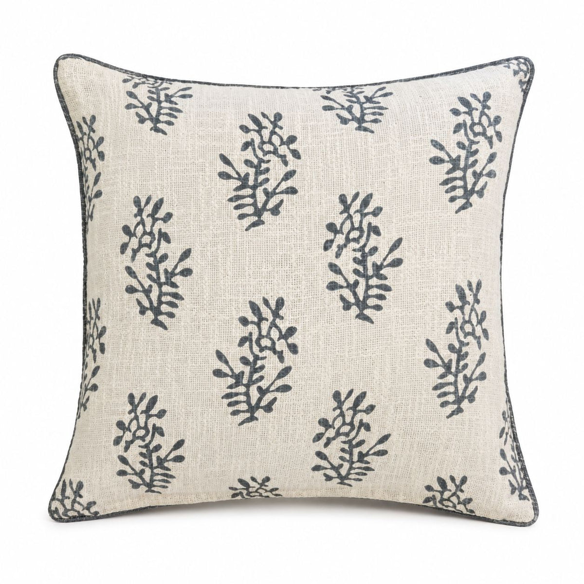 Grey Block Printed Reversible Flower Cushion Cover, full view of the cream side with grey sprigs on white