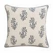 Grey Block Printed Reversible Flower Cushion Cover, full view of the cream side with grey sprigs on white