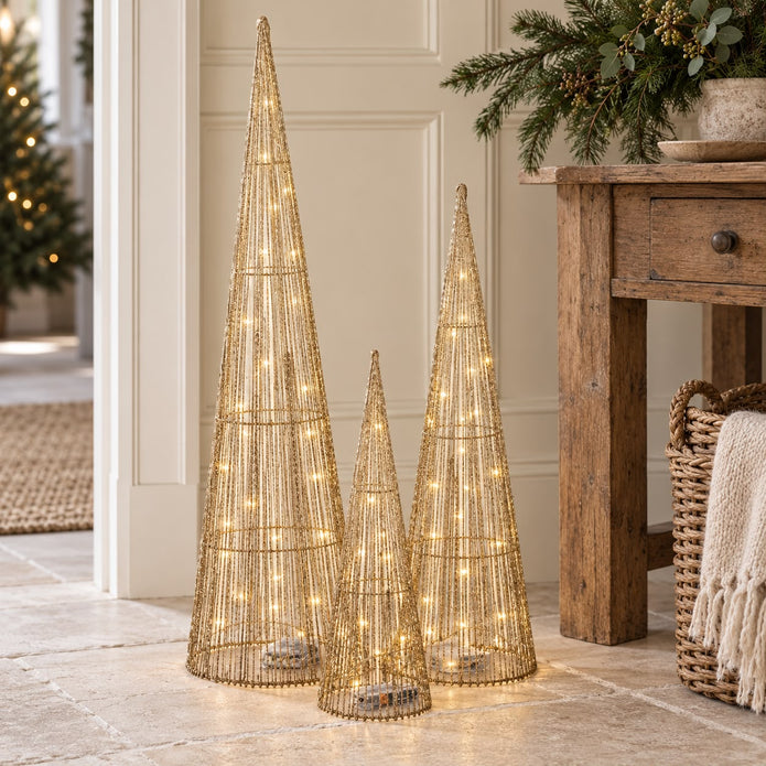 Gold Sparkly Light-Up LED Trees – Set of 3