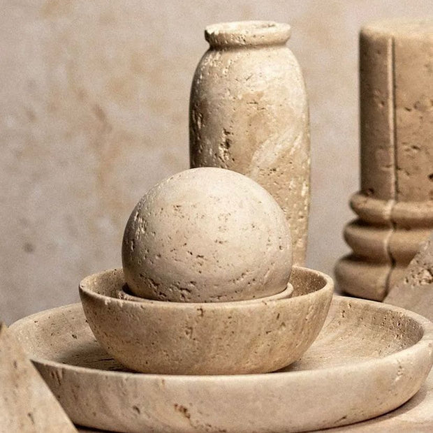 Travertine Round Ball Stone Ornament, travertine sphere in a bowl with matching stone accessories
