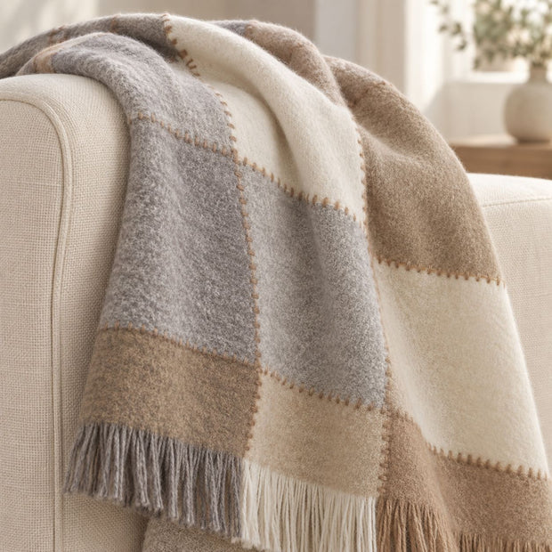 Cream Blanket Stitch Check Blanket Throw