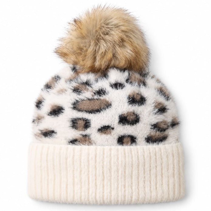 Cream Leopard Print Fluffy Bobble Hat