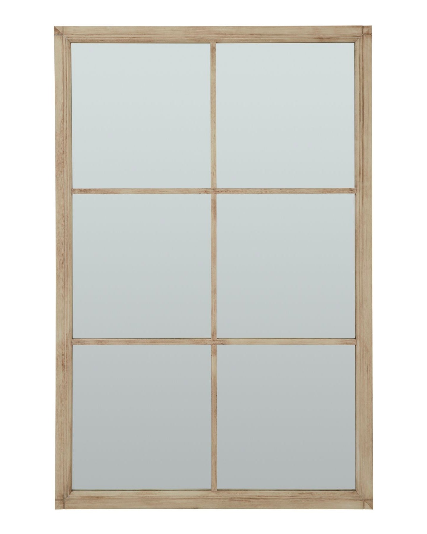 Large washed wood rectangle window framed mirror by Hill Interiors, showcasing a rustic, handcrafted design with clear reflective glass.