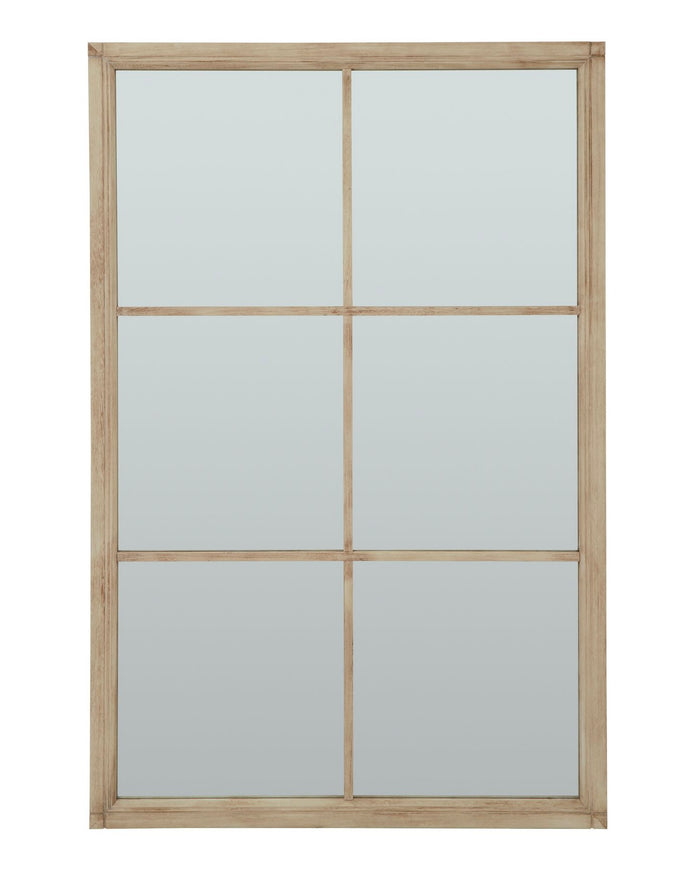 Large washed wood rectangle window framed mirror by Hill Interiors, showcasing a rustic, handcrafted design with clear reflective glass.