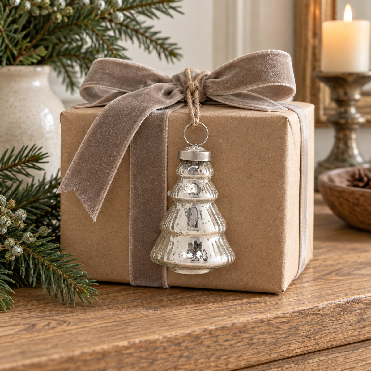 Silver glass Christmas tree hanging decoration by Widdop & Co, features a reflective, festive ornament for holiday decor.
