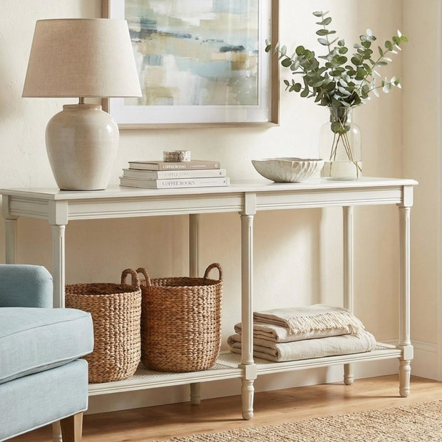 Hill Interiors Belmont Rattan Collection large console table with woven rattan design and sleek wooden frame, ideal for entryways or living rooms.
