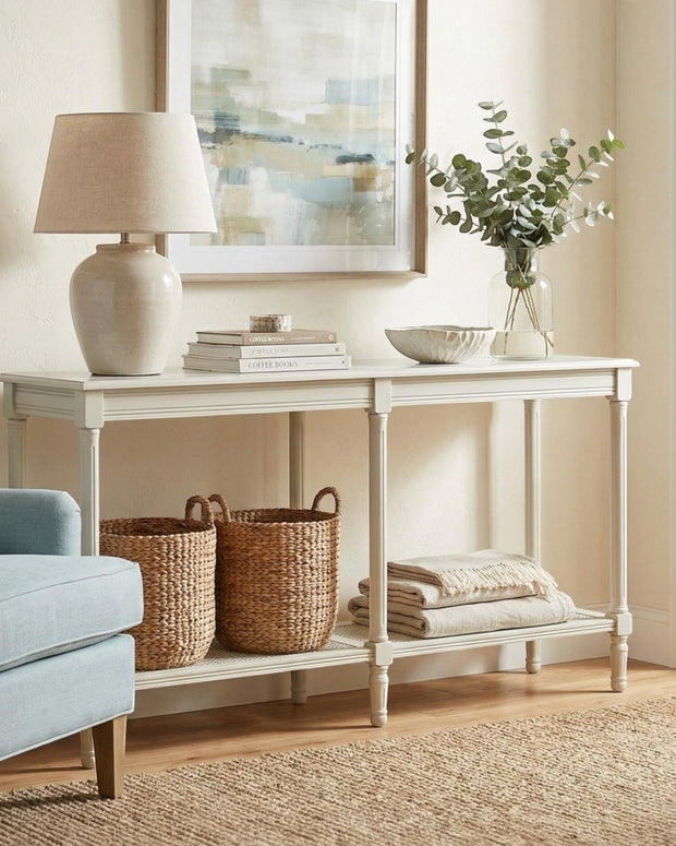 Large Belmont Rattan Collection console table from Hill Interiors, featuring a woven rattan design and sturdy wooden frame.