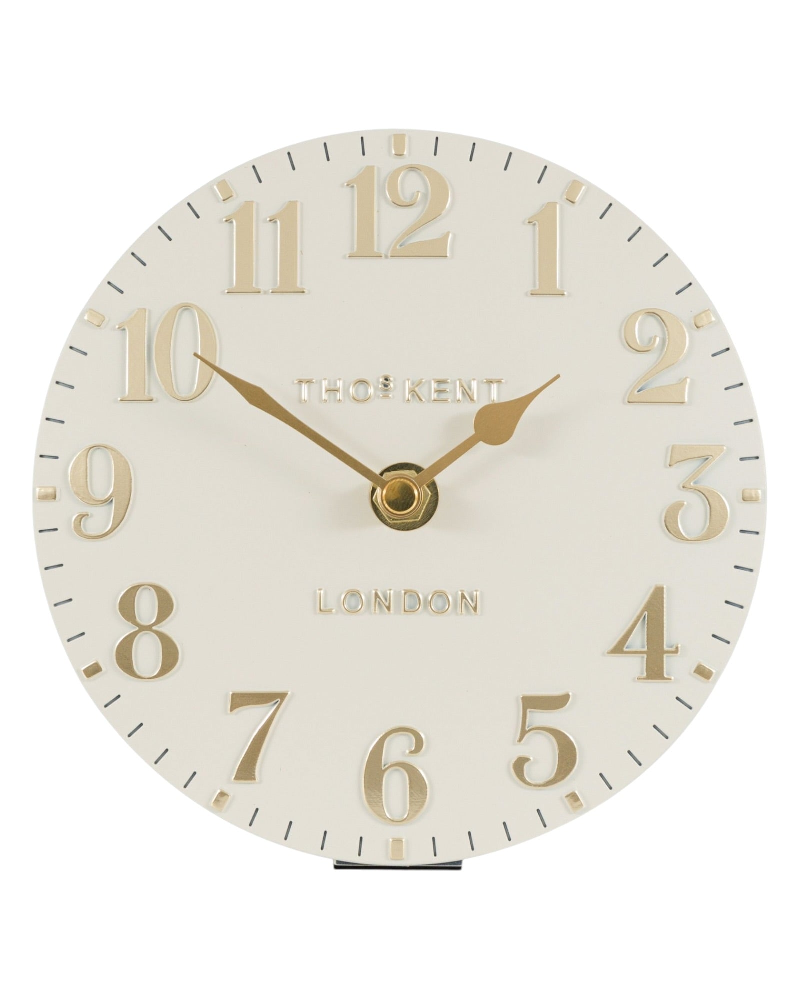 Thomas Kent 6-inch Arabic mantel clock in oatmeal white with black numerals and classic design, perfect for mantle or shelf decor.
