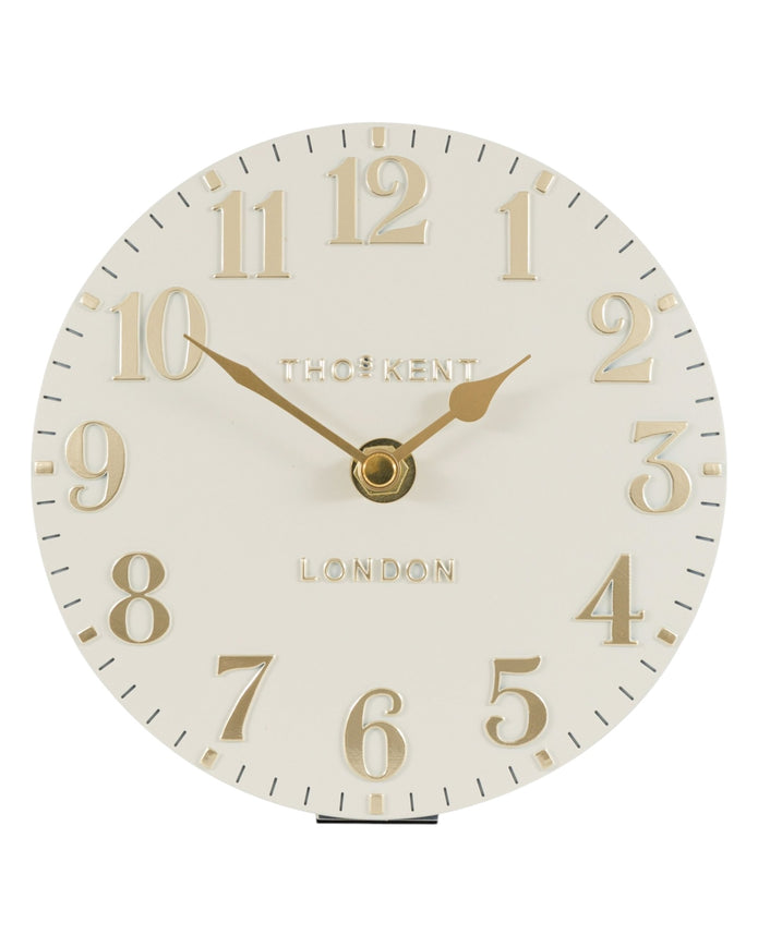 Thomas Kent 6-inch Arabic mantel clock in oatmeal white with black numerals and classic design, perfect for mantle or shelf decor.
