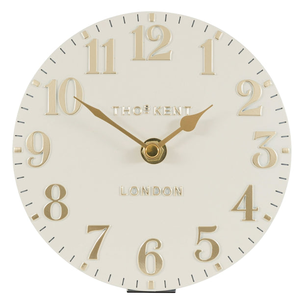 Thomas Kent 6-inch Arabic mantel clock in oatmeal white with black numerals and classic design, perfect for mantle or shelf decor.