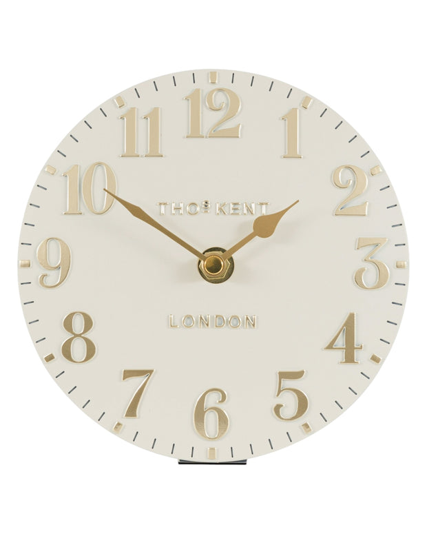 Thomas Kent 6-inch Arabic mantel clock in oatmeal white with black numerals and classic design, perfect for mantle or shelf decor.