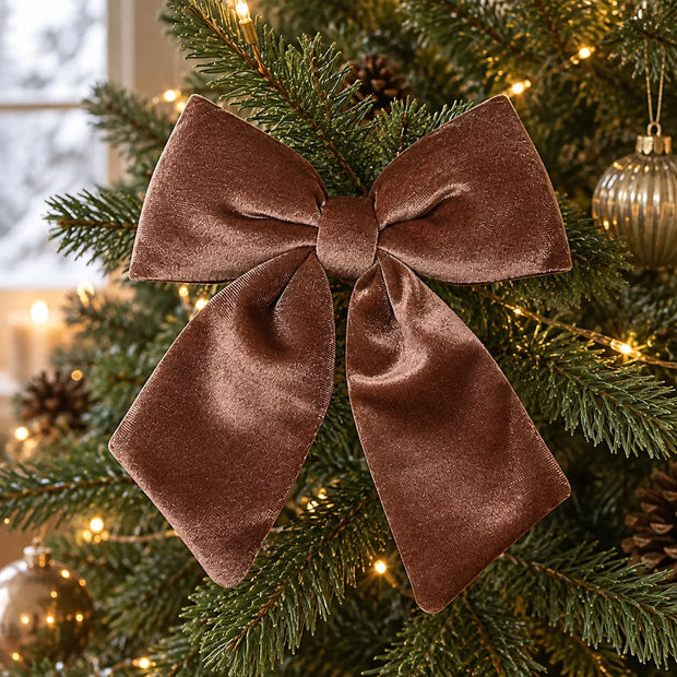 Velvet Chocolate Brown Clip On Bow, chocolate brown velvet bow clipped to a Christmas tree