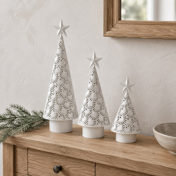 White Metal Cut Out LED Light-Up Tree, three white pierced metal trees on a console