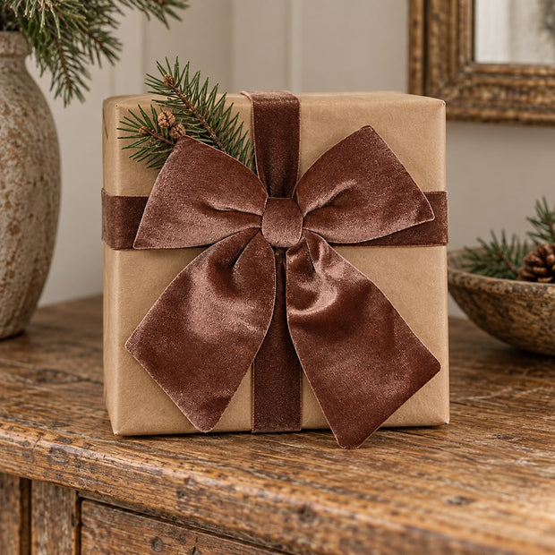 Velvet Chocolate Brown Clip On Bow, chocolate brown velvet bow decorating a kraft gift