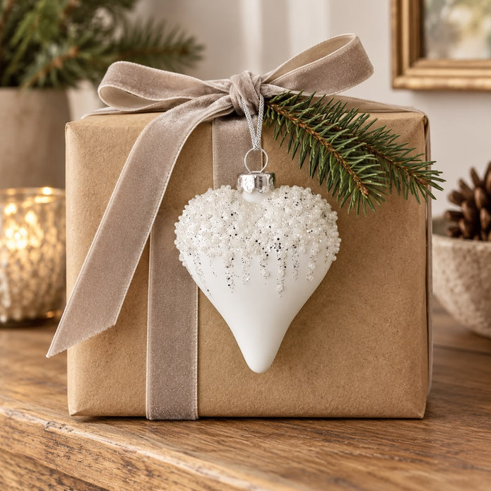 White Bead Top Glass Heart Bauble, white heart bauble tied to a kraft gift box