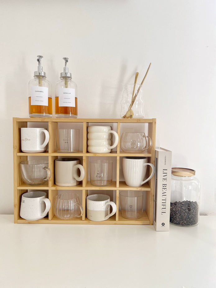 Wooden mug display shelf unit by Starlight Express, ideal for kitchen and dining room organization and decor.