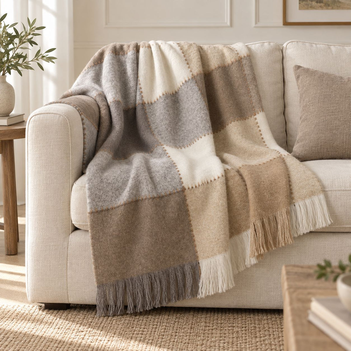 Cream Blanket Stitch Check Blanket Throw, cream, beige and grey checked throw draped over a sofa