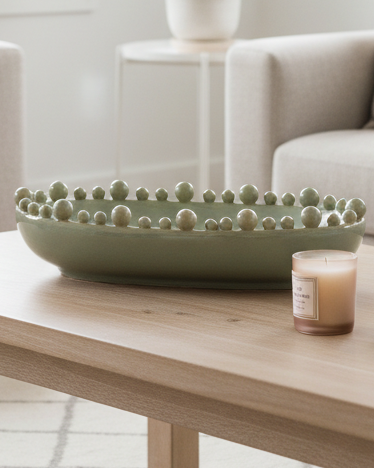 Oval extra large sage green bowl with bobble-edged design, ideal for home decor by Coach House