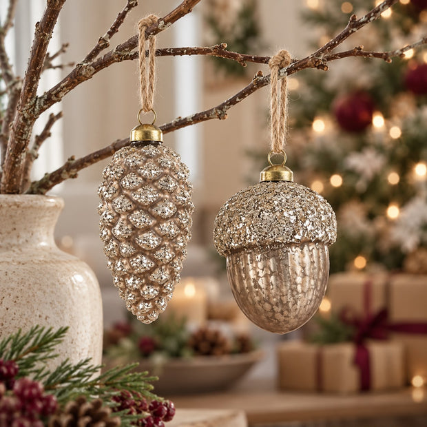 Gold acorn and pinecone glass hanging Christmas bauble by Heaven Sends, decorative holiday ornament for festive decor.