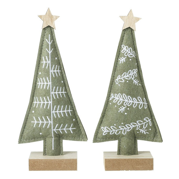 Sage Green Felt Christmas Tree With Wood Star, two embroidered sage felt trees on white