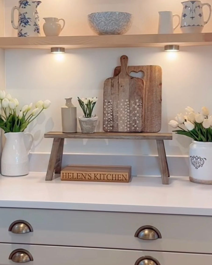 Natural wooden rustic display bench and riser by Gisela Graham, showing a small and large wooden home decor piece with a rustic finish.