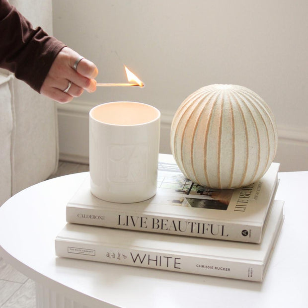 Decorative striped globe-shaped ball from Hill Interiors, perfect for home décor accents and tabletop display.