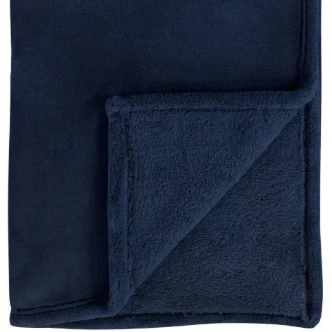 Navy Blue Luxury Snuggle Blanket Throw, close-up of the navy fabric and stitched edge