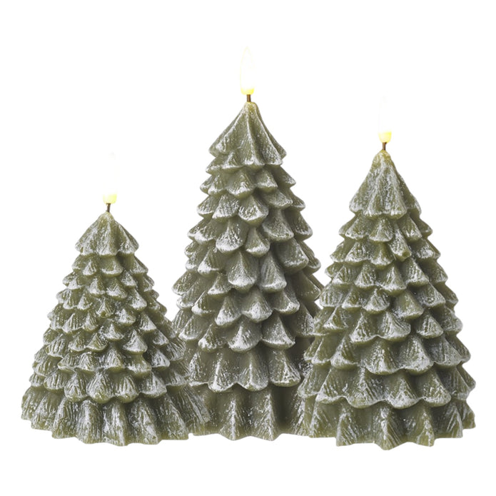 LED Light Up Green Christmas Tree Candle, three green tiered tree candles in different sizes against white