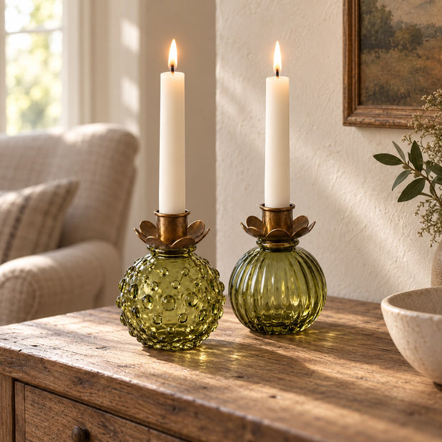 Round Glass Bud Vase - Olive Green, two olive green glass bud vases fitted with lit taper candles