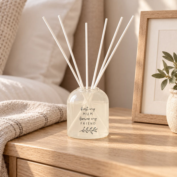 Beige Moments Clear Glass Reed Diffuser - Mum Forever Friend, Mum Forever Friend diffuser beside a framed print