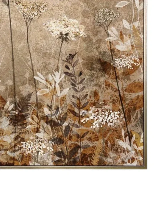 Framed artwork of a floral design with brown, beige, and white colors.
