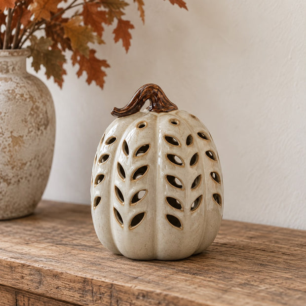 Neutral Ceramic Cut Out Light Up LED Tall Pumpkin – product view 1