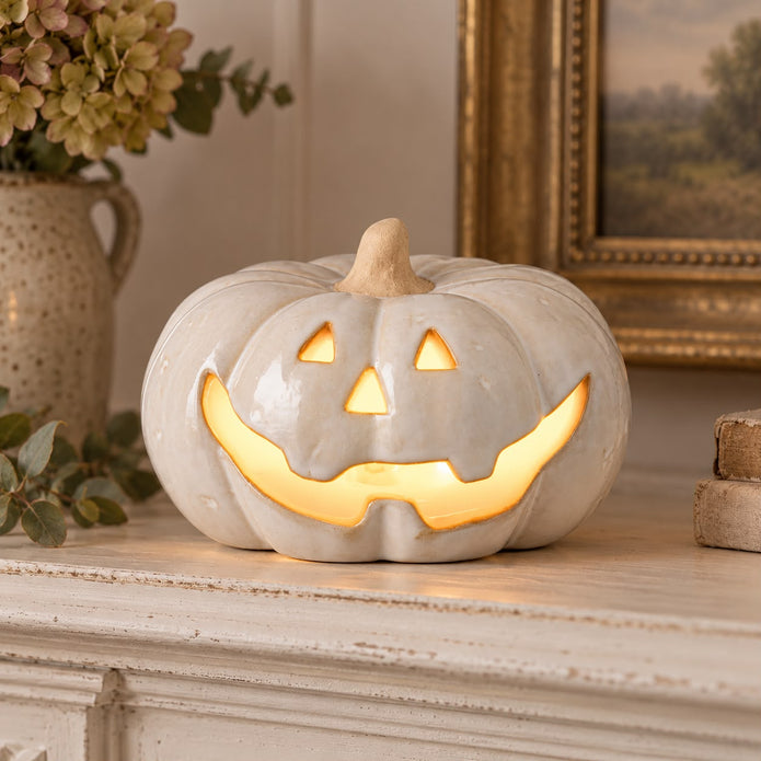 Neutral Ceramic LED Light Up Pumpkin Face