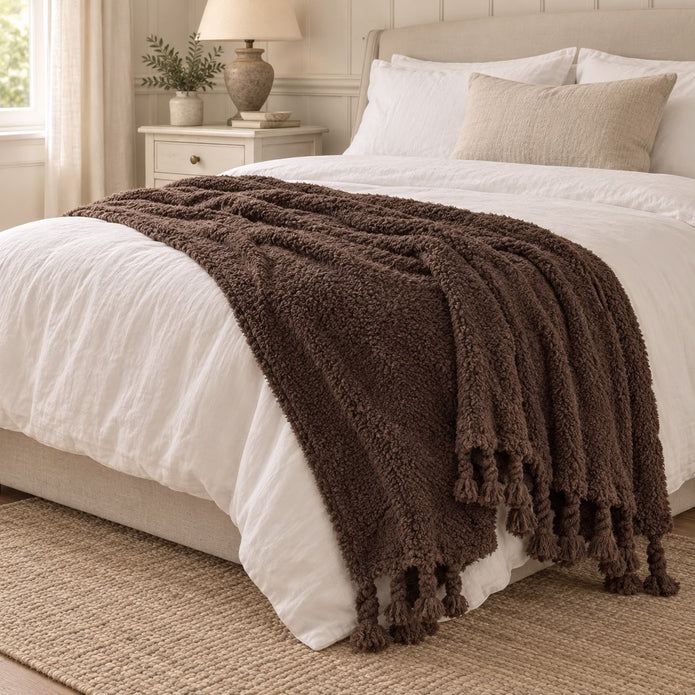 Chocolate Brown Sherpa Tasselled Blanket Throw