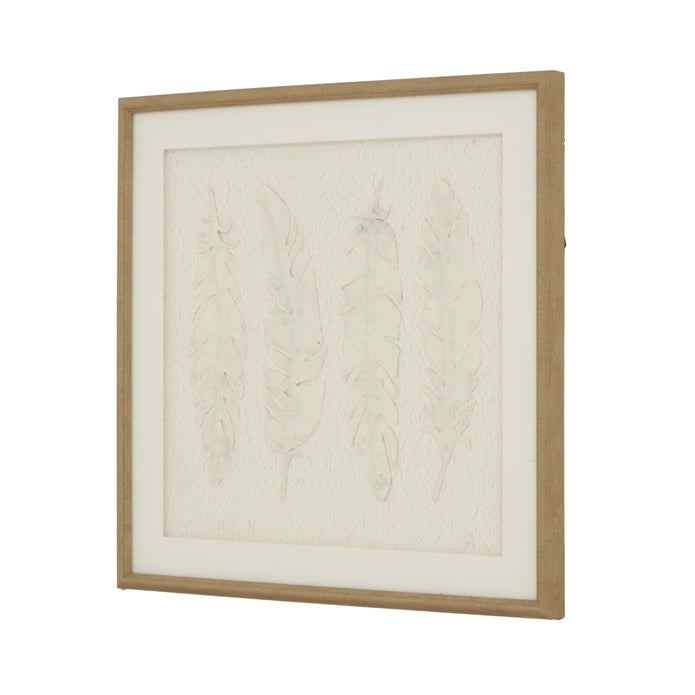 Alta White Feather wall art by Hill Interiors in a frame, featuring elegant white feathers as decorative wall decor.