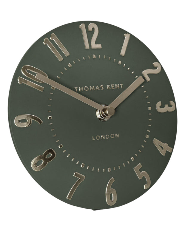 Thomas Kent 6-inch Mulberry Olive Green Mantle Clock by Gallery Direct, showcasing a stylish vintage-inspired clock with a round face.