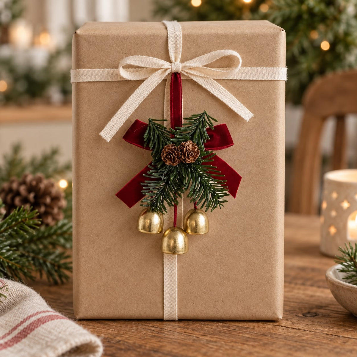 Triple Gold Bell & Burgundy Bow Hanging Ornament — product image 3
