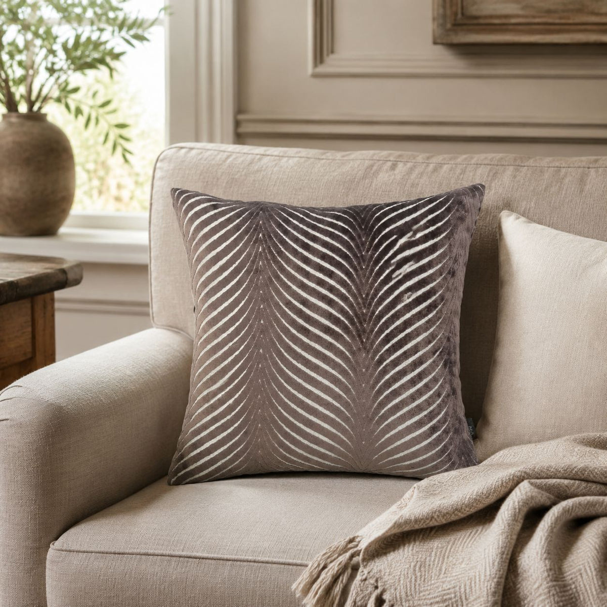 Chocolate Brown Luxury Velvet Fan Patterned Cushion Cover