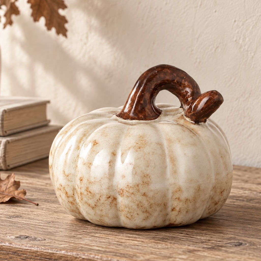 Cream And Brown Ceramic Pumpkin