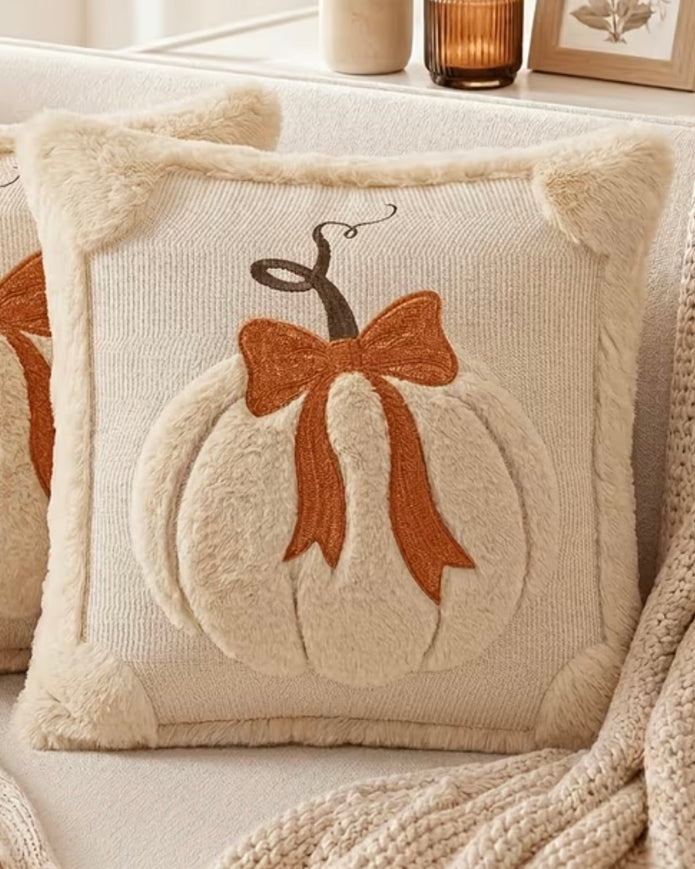 Beige Fluffy Pumpkin With Bow Cushion Cover
