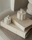 Set of two vintage cream and gold Coach House storage book boxes with elegant design, perfect for home decor organization.