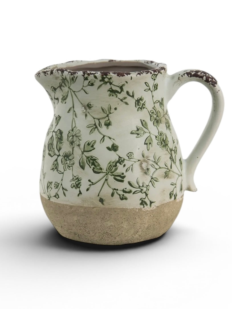 Green and white ceramic leaves jug vase by Clayre & Eef, featuring a decorative nature-inspired design perfect for home decor.