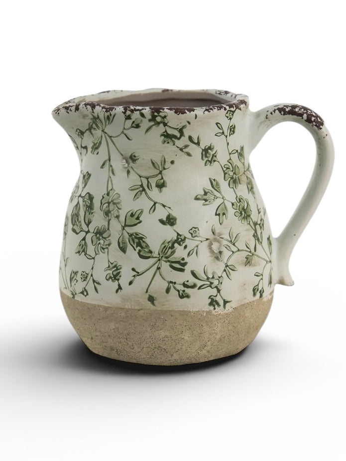 Green and white ceramic leaves jug vase by Clayre & Eef, featuring a decorative nature-inspired design perfect for home decor.