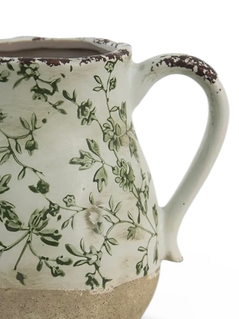 Green and white ceramic leaves jug vase by Clayre & Eef, ideal for home decor with detailed leaf design and smooth finish.