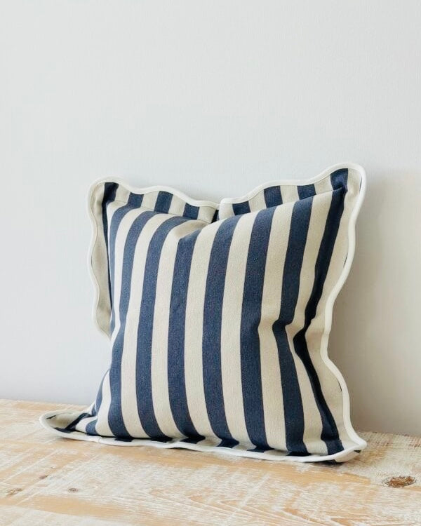 Chloe Navy Blue Square Stripe Scalloped Cushion Cover