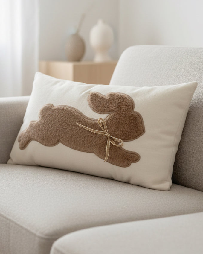 Cream Embroidered Rectangle Bunny Rabbit Cushion Cover