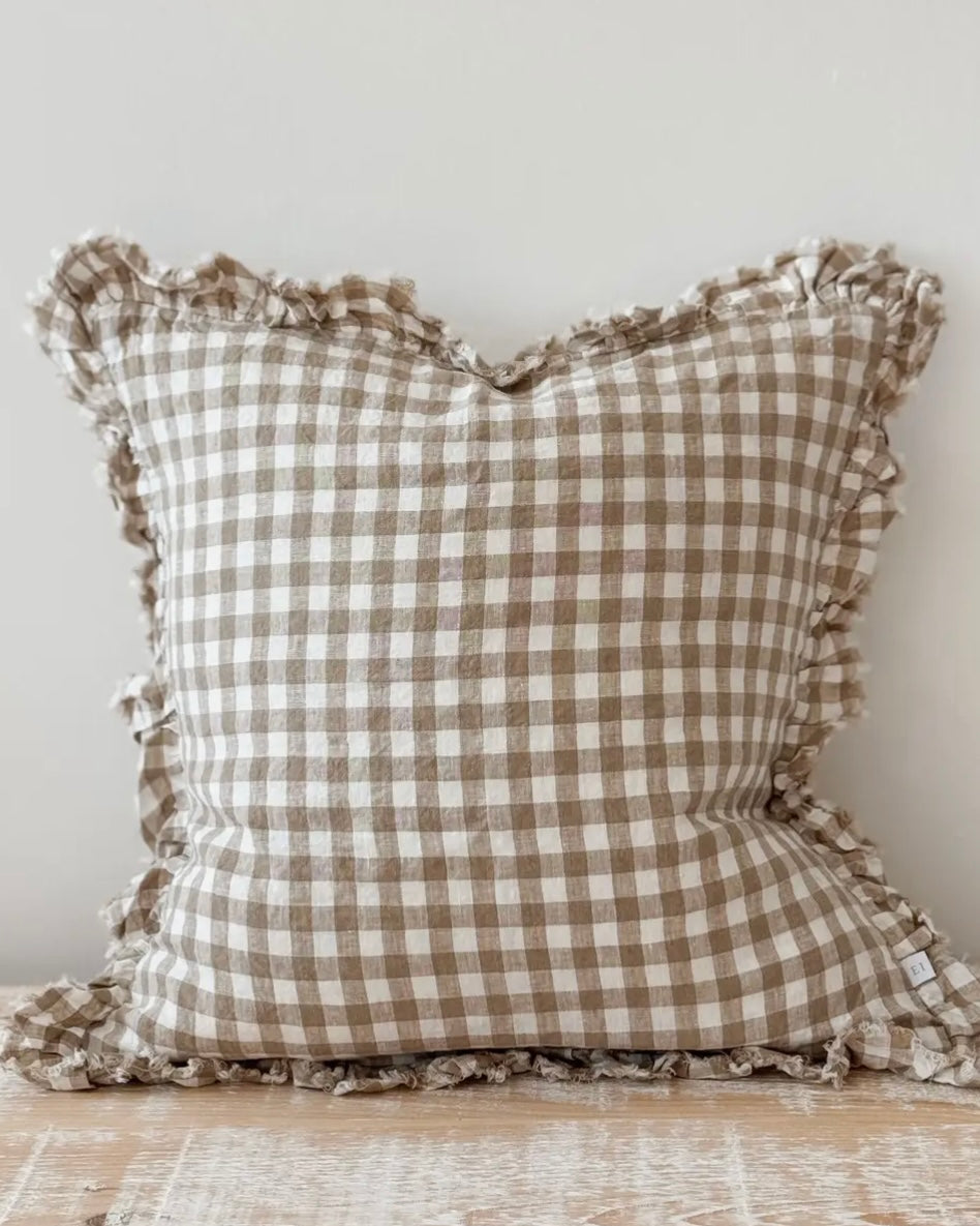 Hallie Coffee brown square gingham cushion cover by Ellenvale Trade, soft furnishings with a classic checkered pattern.
